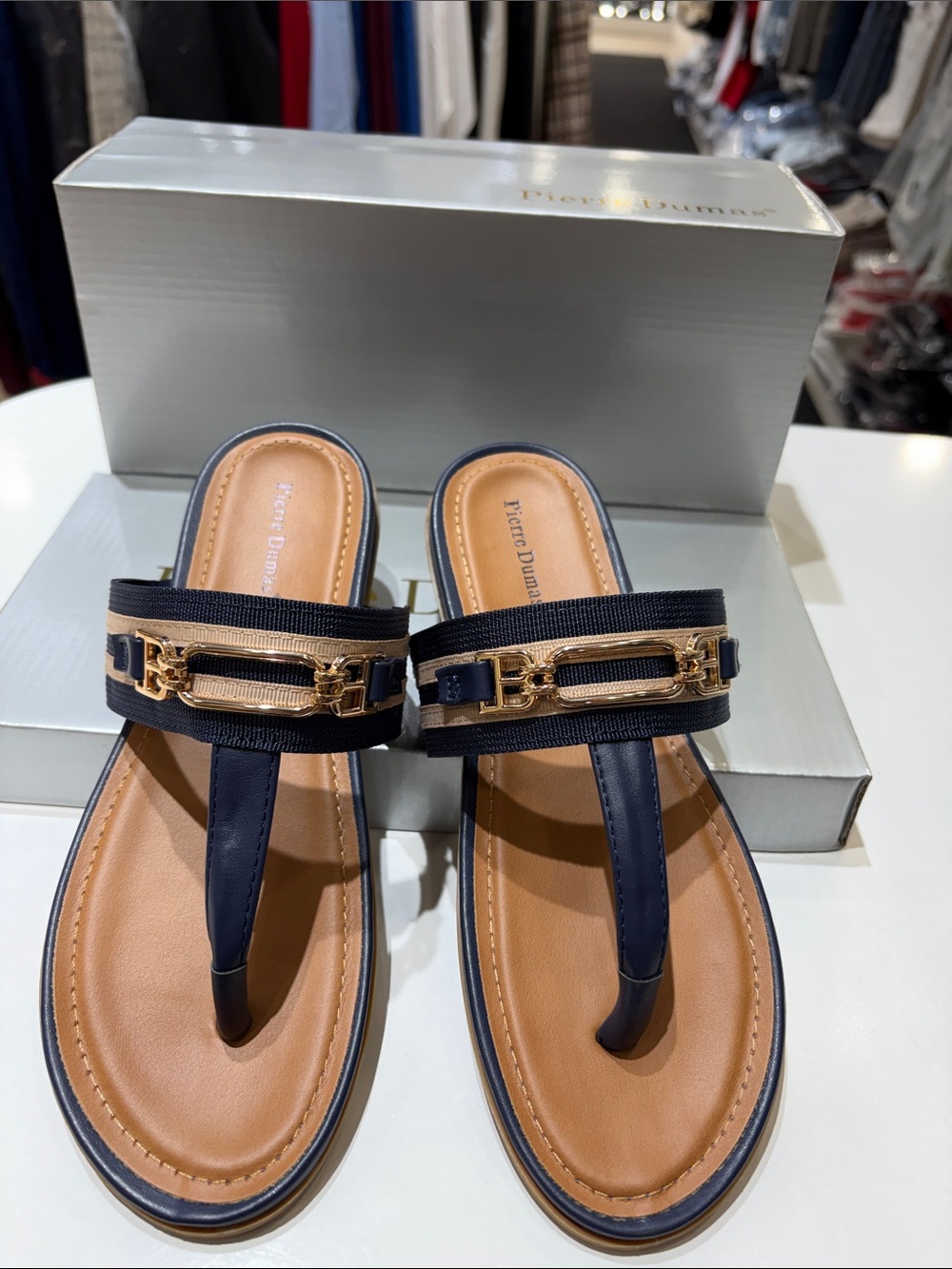 Pierre Dumas Navy and Tan Thong Sandals with Gold Chain Detail - Picture 2 of 5